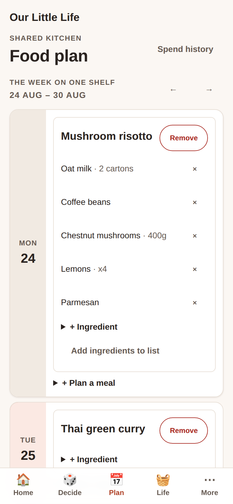 The food plan: a week of meals on one shelf, each meal carrying its ingredients, with a control to push them onto the shared shopping list.