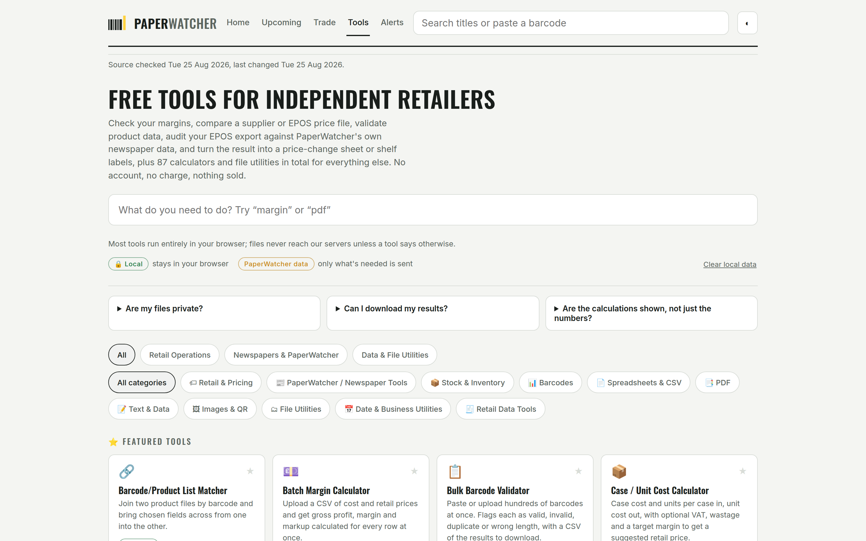 The Retail Tools index: a searchable toolbox of calculators and file utilities for independent retailers, each labelled with whether it runs locally or uses PaperWatcher data.
