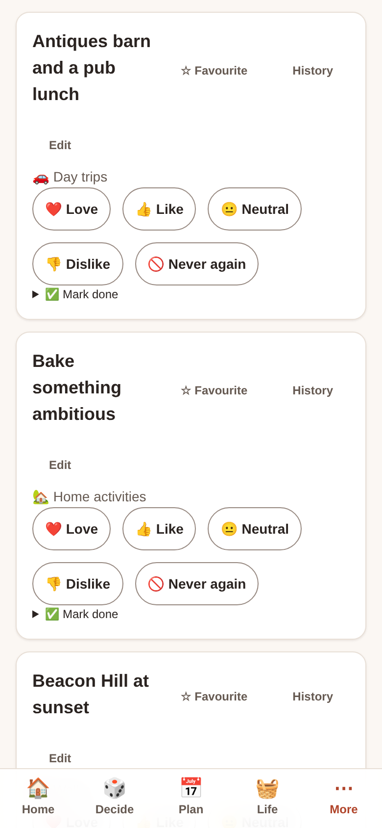 The activity list filtered by category, each entry offering a rating from love to never again, plus favourite, history and mark done.