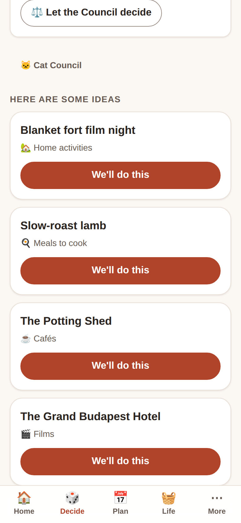 The decide screen after choosing energy and indoor or outdoor: four suggestions drawn from the household&rsquo;s own list, each with a single &ldquo;We&rsquo;ll do this&rdquo; action.