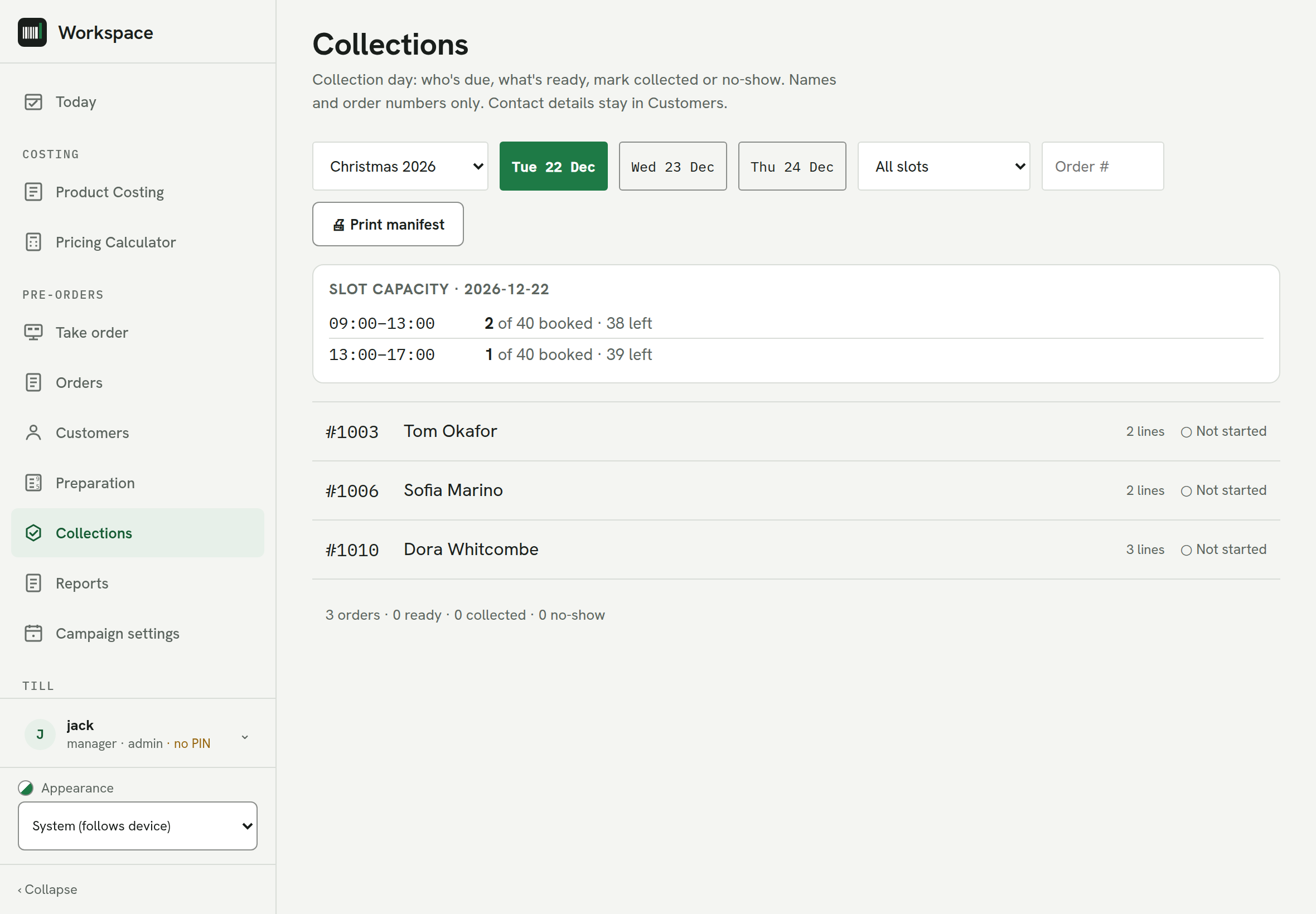 The Collections screen: slot capacity for a collection day and the orders due in it, shown as names and order numbers only.
