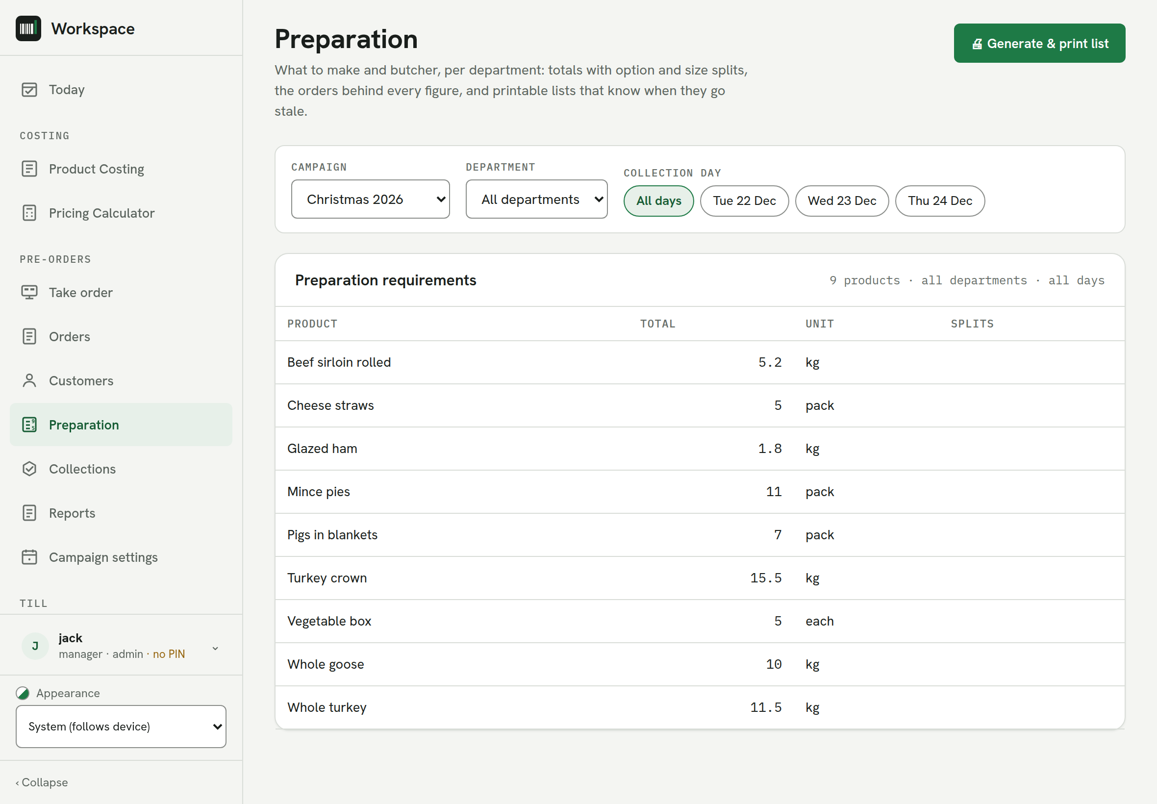 The Preparation screen: per-product totals for a chosen collection day, aggregated across every confirmed order, with option and size splits.