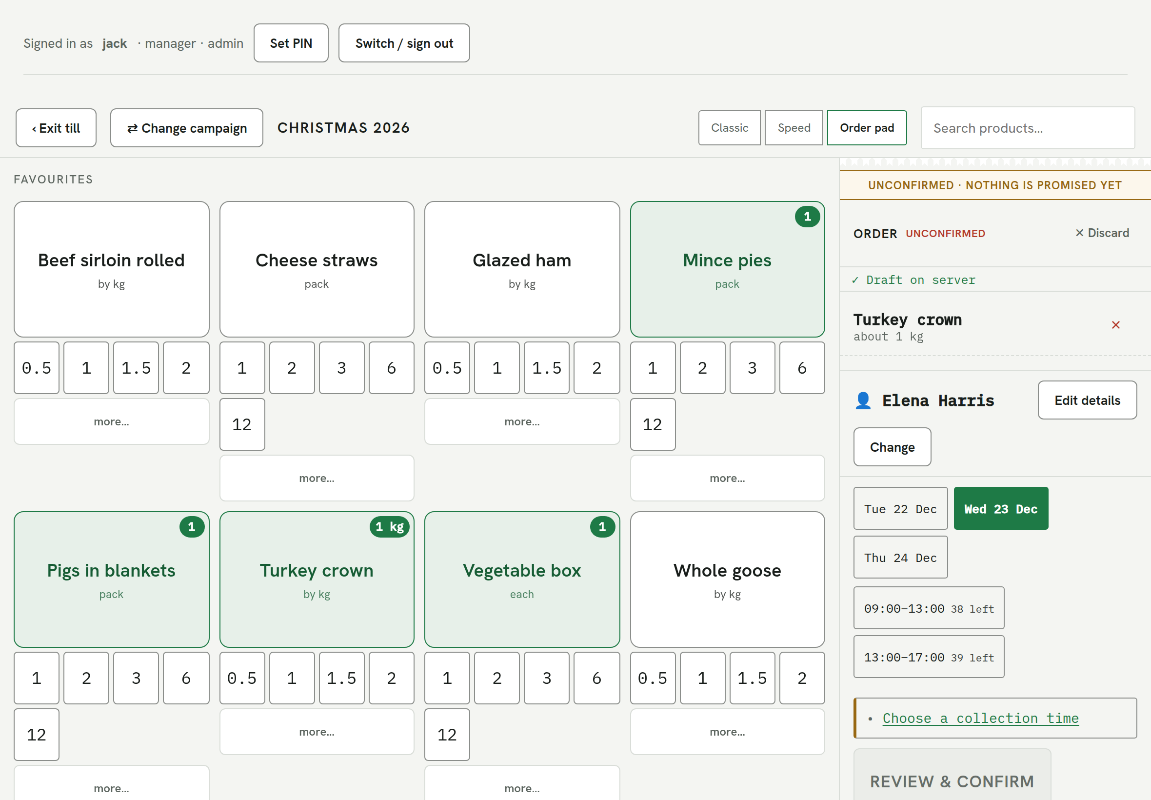 The Workspace order pad on a landscape iPad: campaign products as tap targets with quantity steppers, and an order rail holding the customer, collection date and confirmed lines.